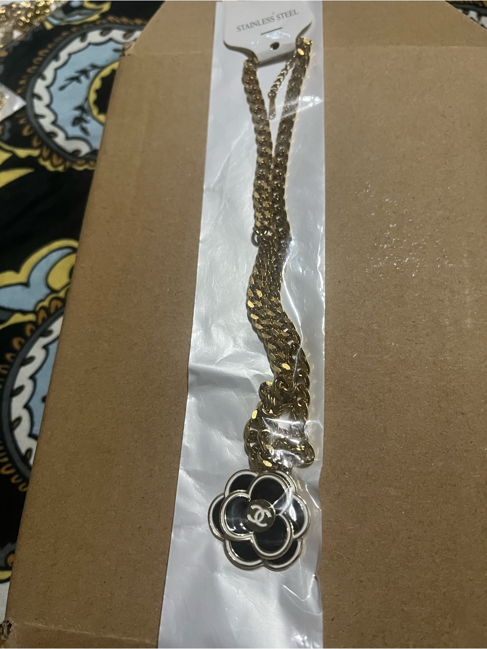 Gold Chain Necklace with Black Camellia Pendant - Stainless Steel 14 k